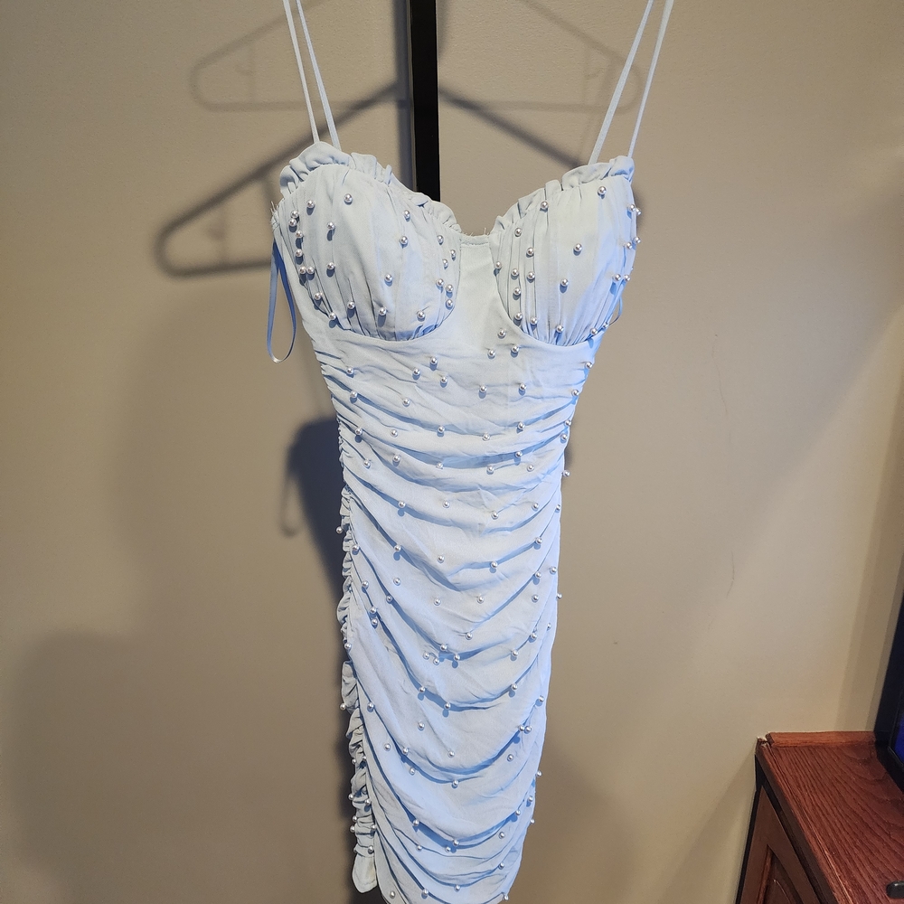 Cinderella Light Blue Ruched Midi Dress with Bead Embellishments